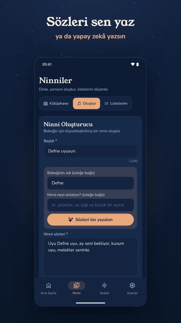 Yeni ninni oluşturma ekranı